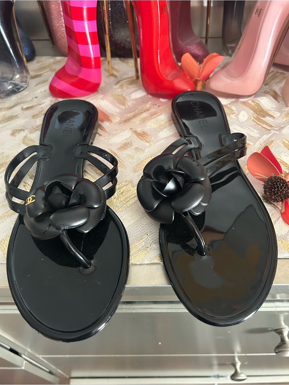 CHANEL Black Camellia Jelly Sandals with Double Straps